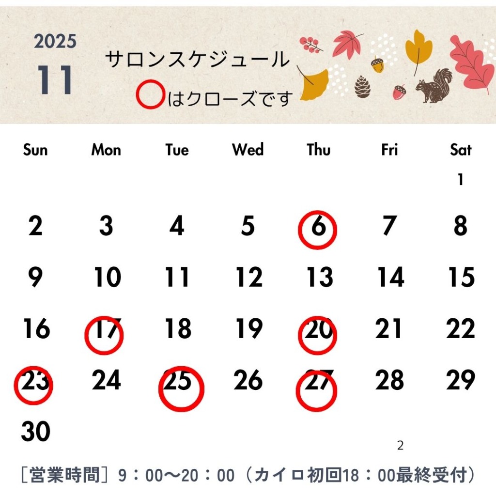 2025年11 月サロンスケジュール（休店日）のお知らせ